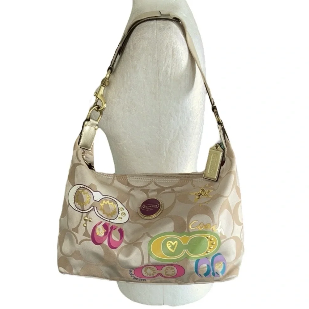 COACH Poppy Khaki Sateen Logo Multicolor Applique Shoulder Hobo Bag - F17586